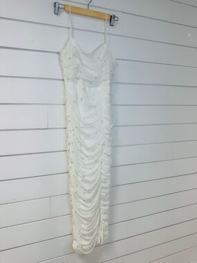 Lulu's White Ruched Beaded Spaghetti-Strap Maxi Dress